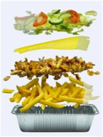 Friet of Rijst, &nbsp;kalfsdöner, gesmolten kaas, salade, saus naar keuze (standaard met chili en knoflook)